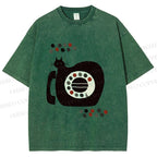 Unisex Vintage Silly Cat Phone Printed Washed Tee