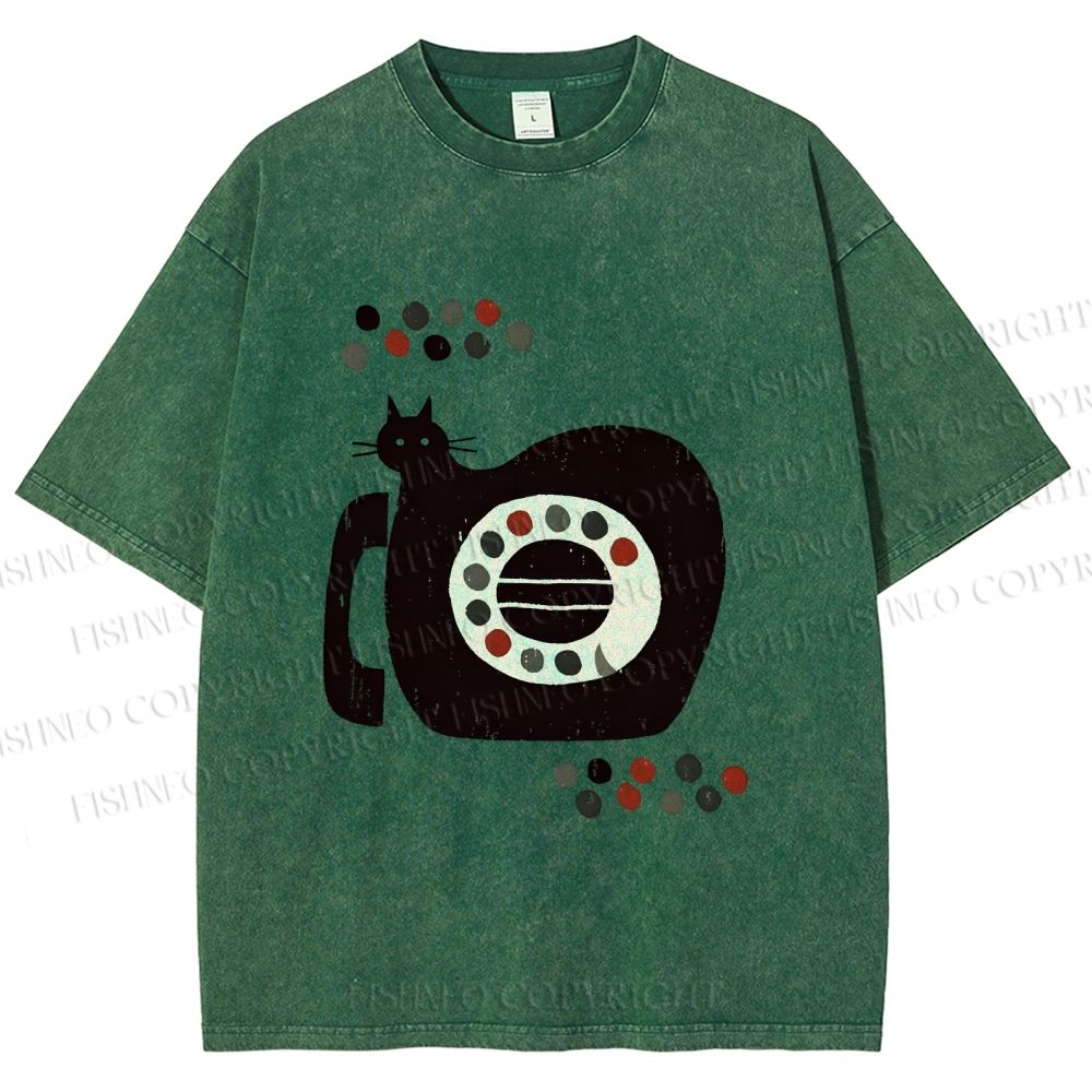 Unisex Vintage Silly Cat Phone Printed Washed Tee