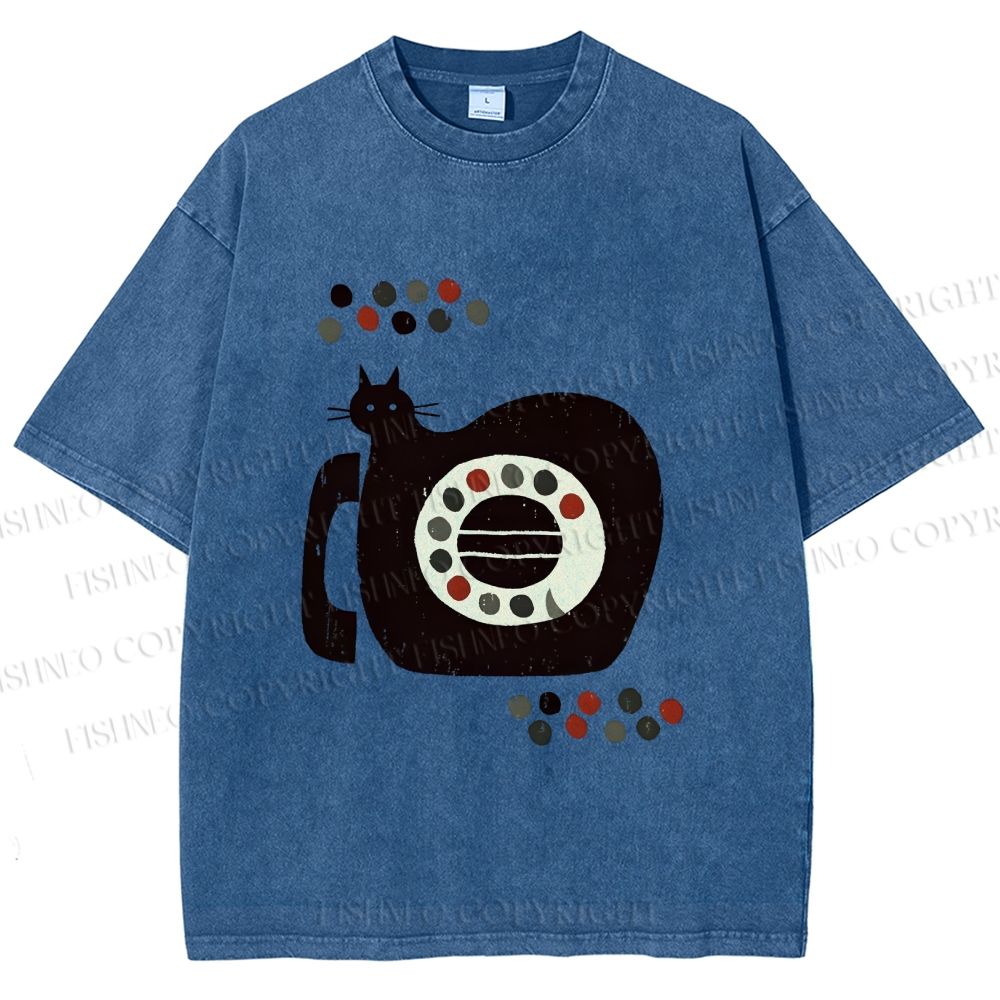 Unisex Vintage Silly Cat Phone Printed Washed Tee