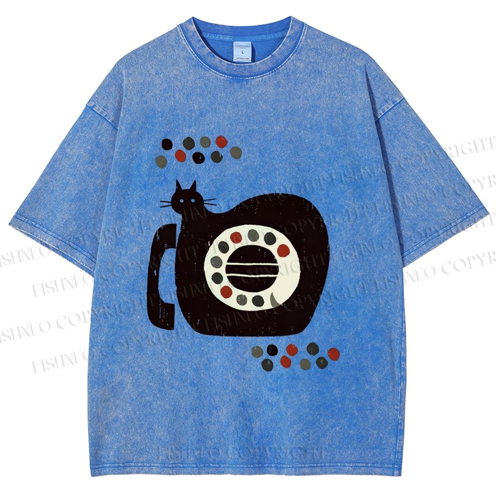 Unisex Vintage Silly Cat Phone Printed Washed Tee
