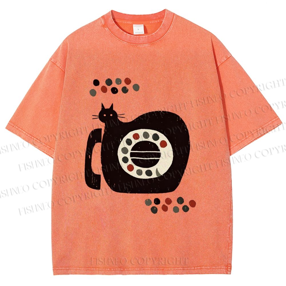 Unisex Vintage Silly Cat Phone Printed Washed Tee