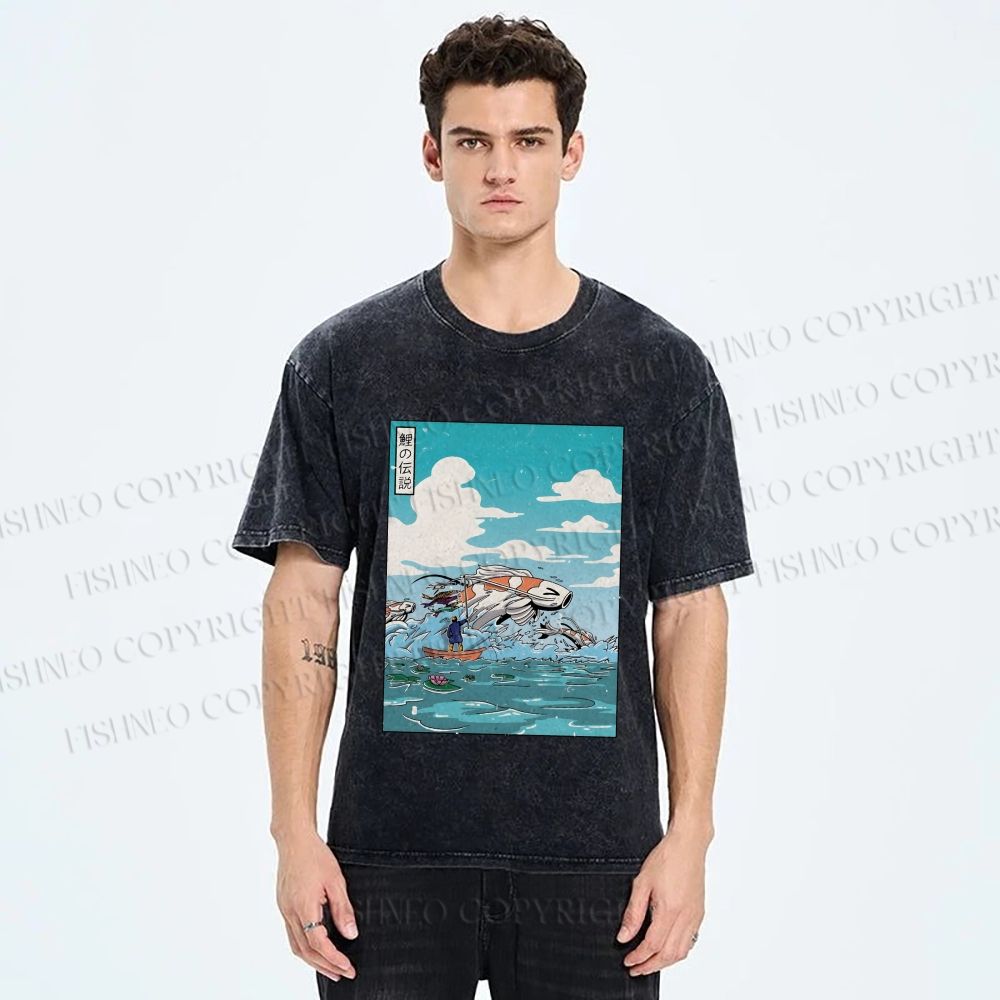 Unisex Japanese Art Koi Fish Printed Washed Tee