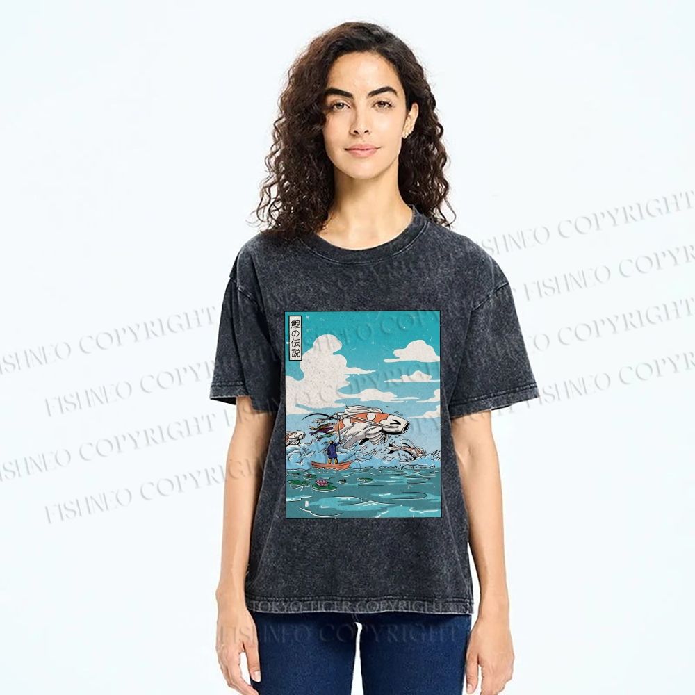 Unisex Japanese Art Koi Fish Printed Washed Tee