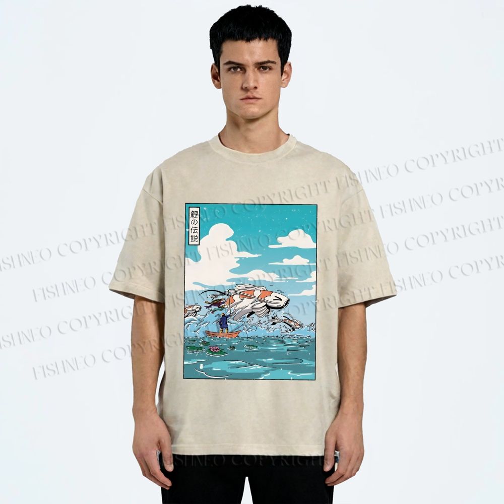 Unisex Japanese Art Koi Fish Printed Washed Tee