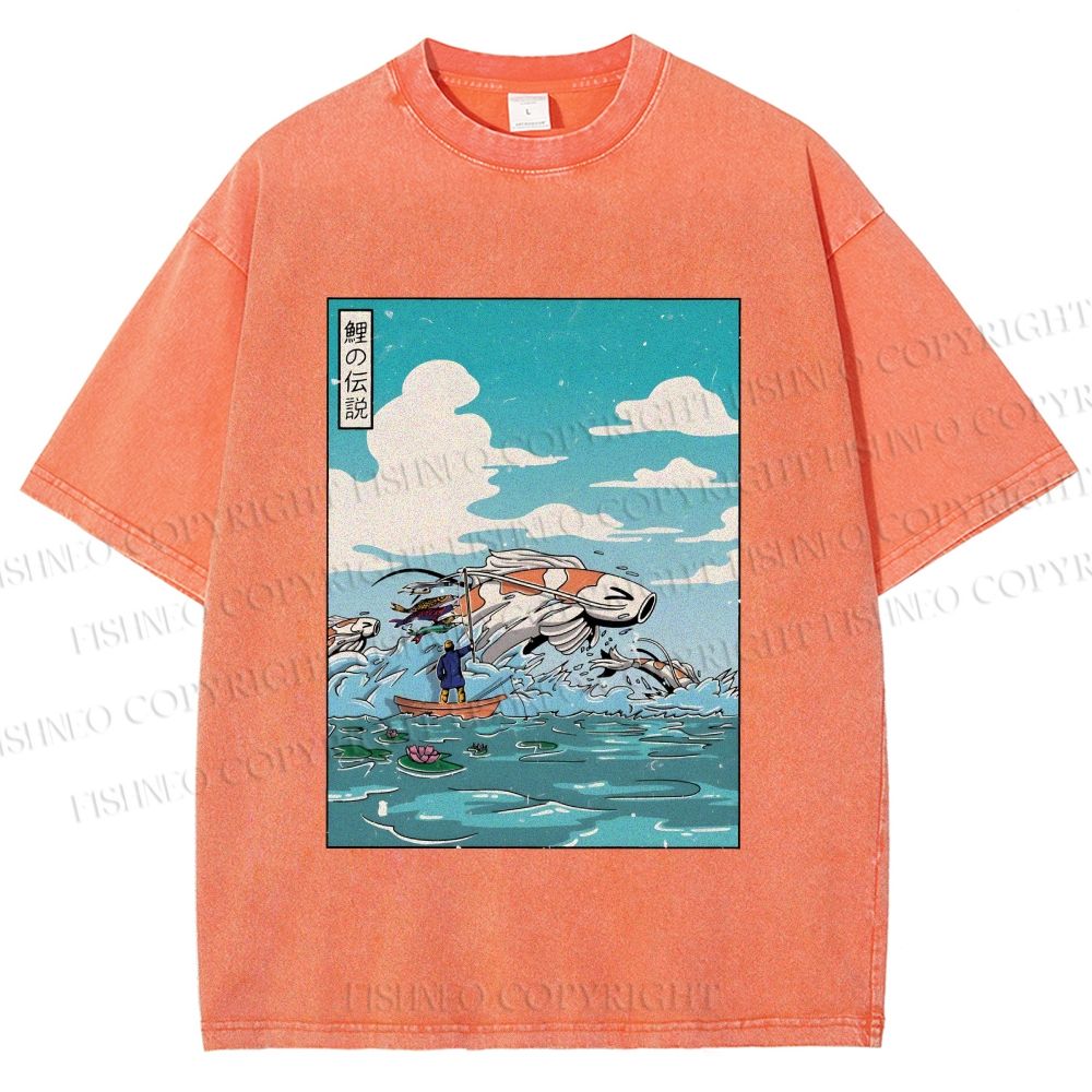 Unisex Japanese Art Koi Fish Printed Washed Tee