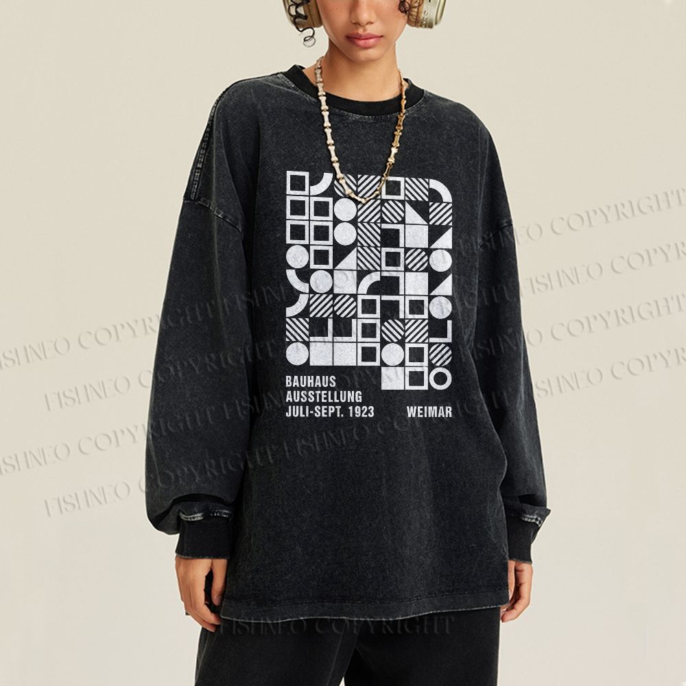 Unisex Bauhaus Design Casual Washed Printed Long Sleeve T-shirt