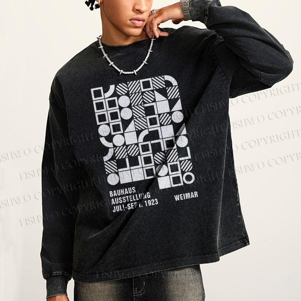 Unisex Bauhaus Design Casual Washed Printed Long Sleeve T-shirt