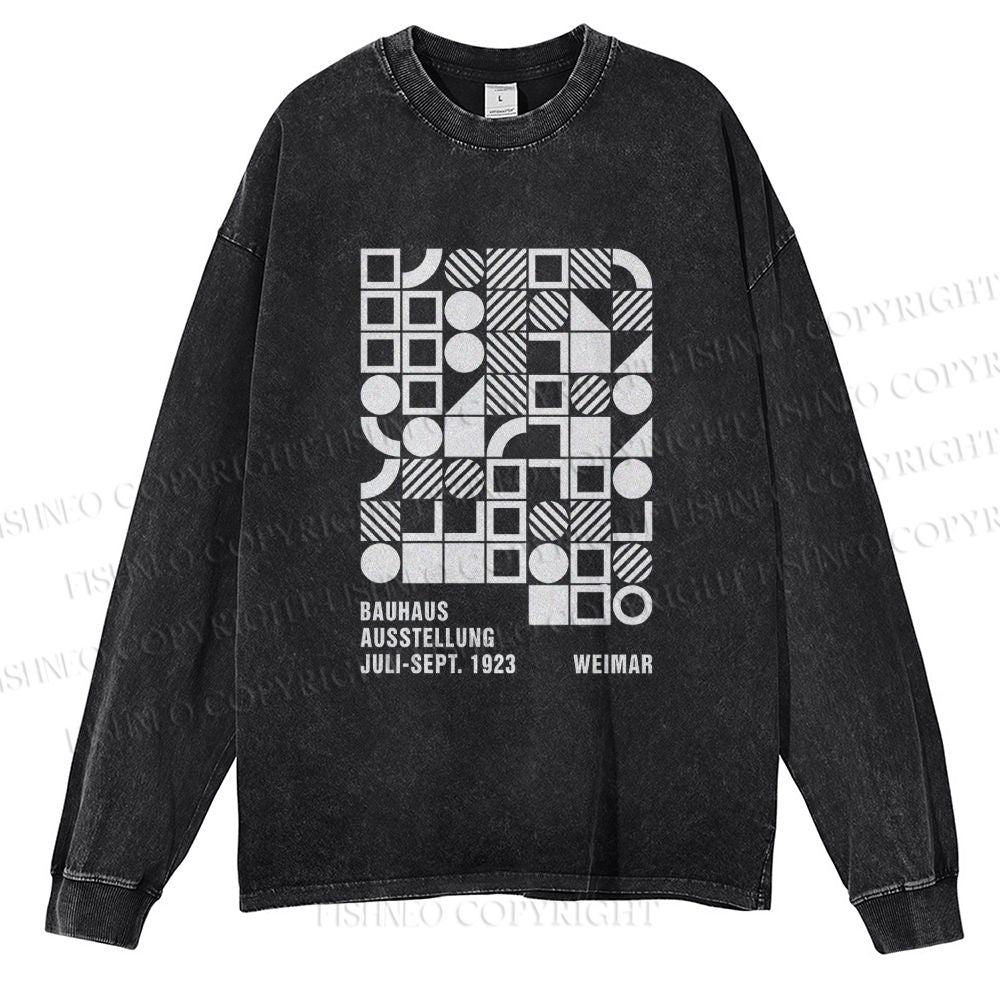 Unisex Bauhaus Design Casual Washed Printed Long Sleeve T-shirt