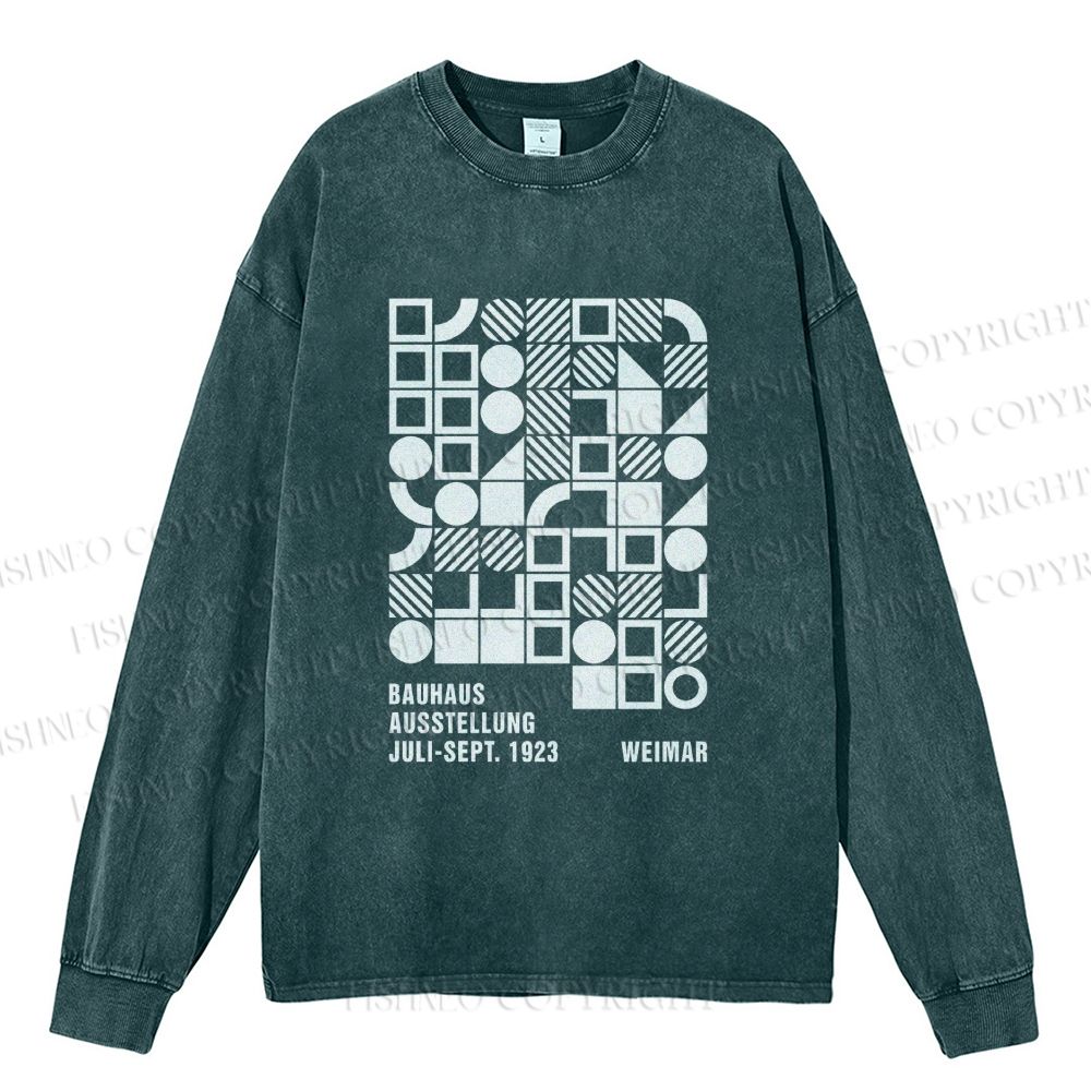 Unisex Bauhaus Design Casual Washed Printed Long Sleeve T-shirt