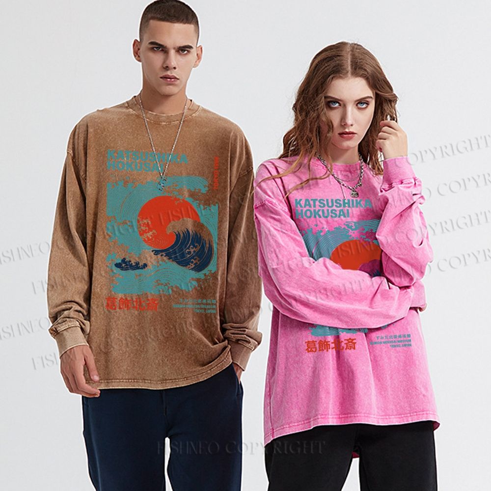 Unisex Casual Washed Vintage Japanese Sea Wave Printed Long Sleeve T-shirt