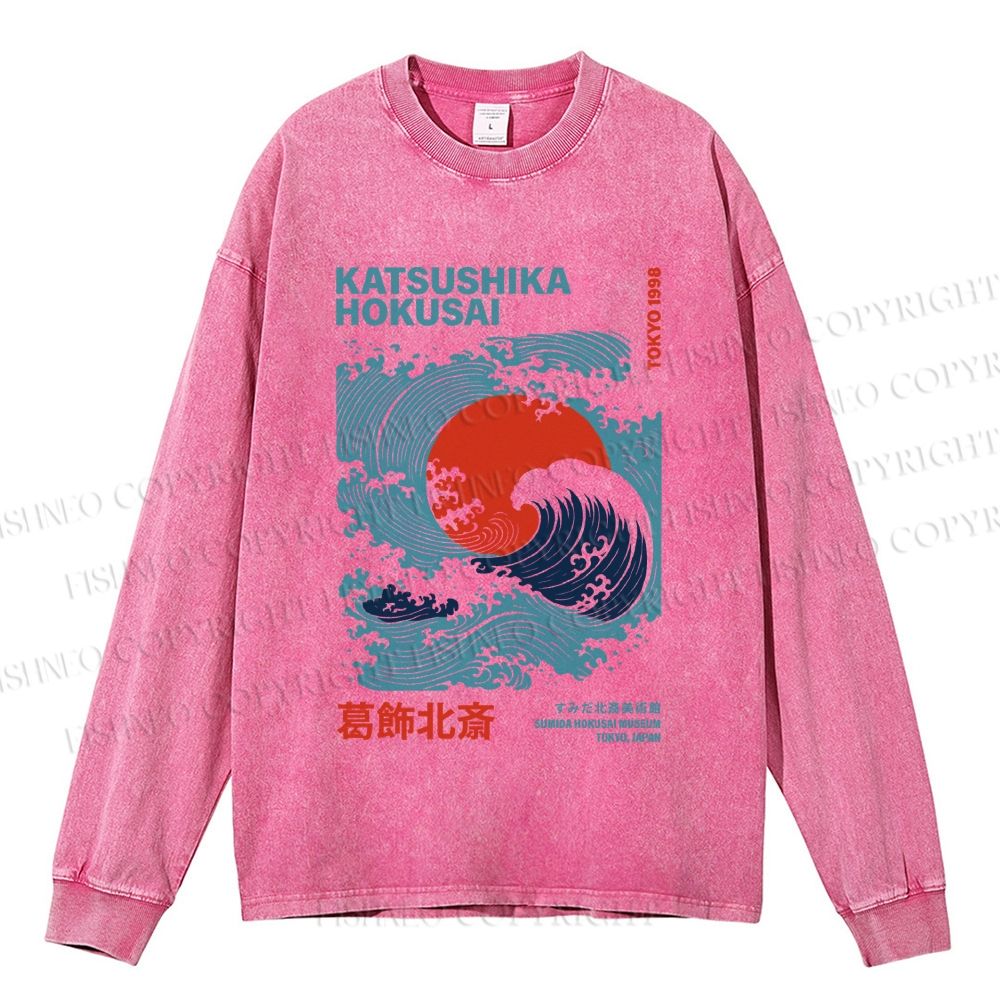 Unisex Casual Washed Vintage Japanese Sea Wave Printed Long Sleeve T-shirt
