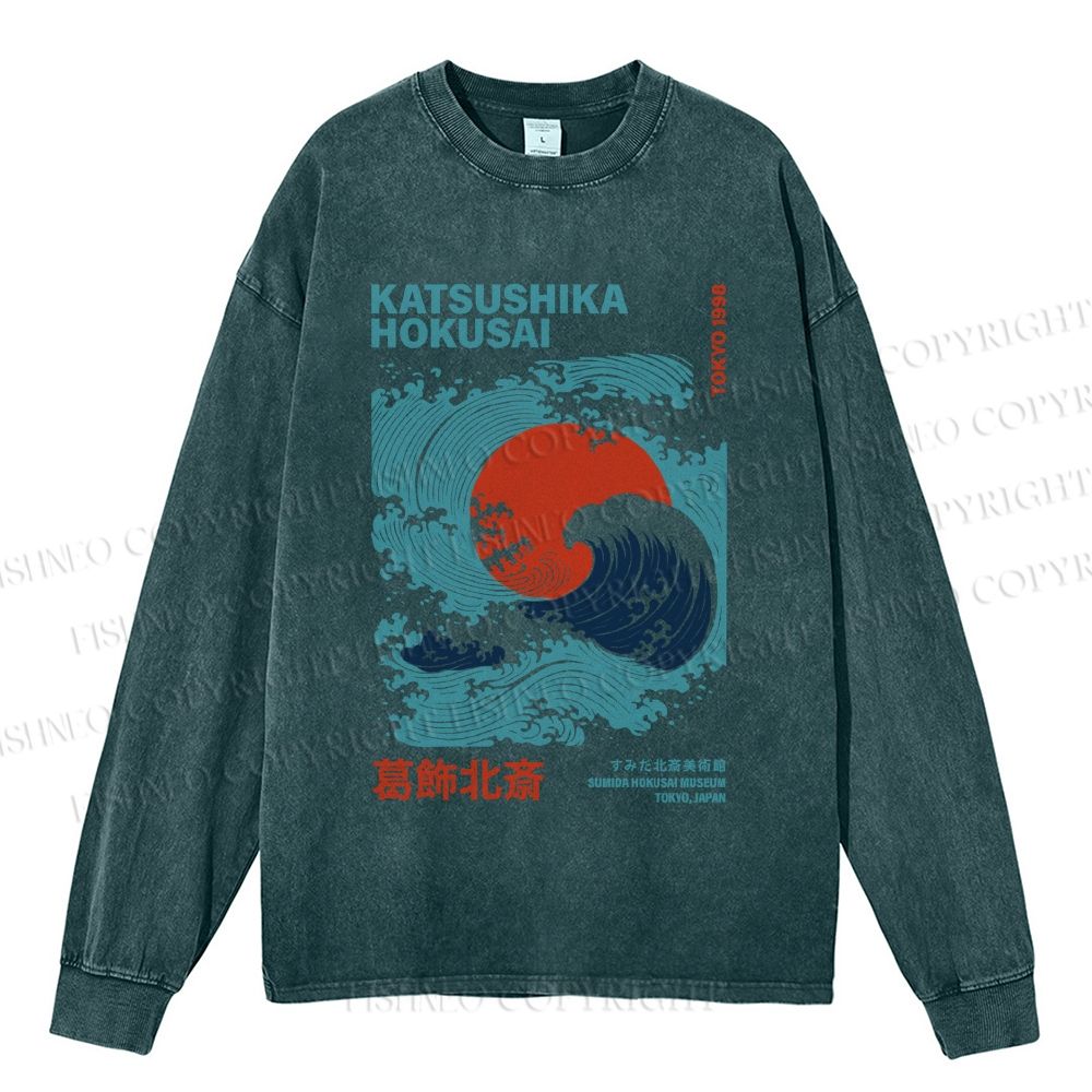 Unisex Casual Washed Vintage Japanese Sea Wave Printed Long Sleeve T-shirt