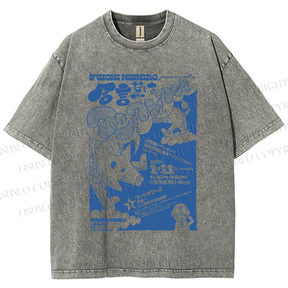 Unisex Japanese Wolf Poster Printed Washed Tee