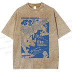 Unisex Japanese Wolf Poster Printed Washed Tee