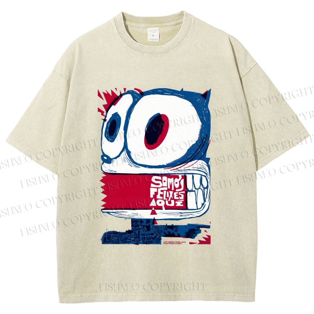 Unisex Silly Cat Printed Washed Tee