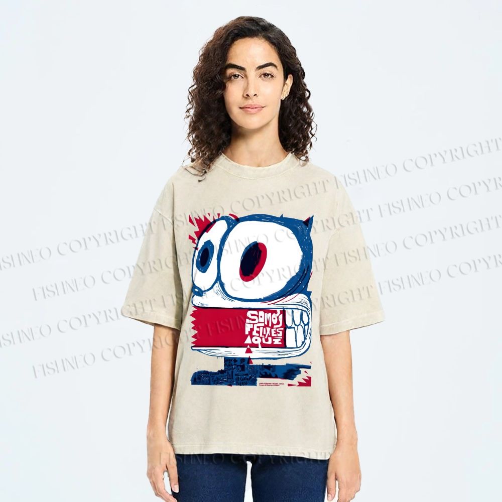 Unisex Silly Cat Printed Washed Tee