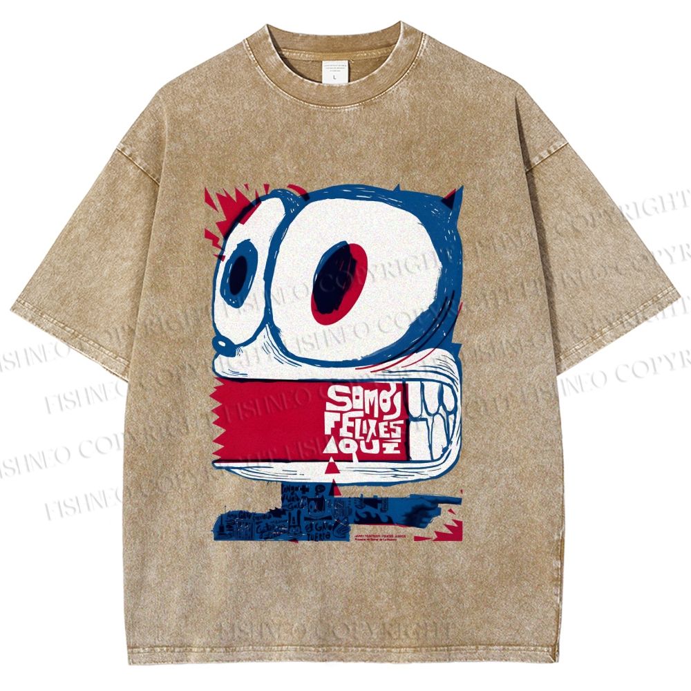 Unisex Silly Cat Printed Washed Tee