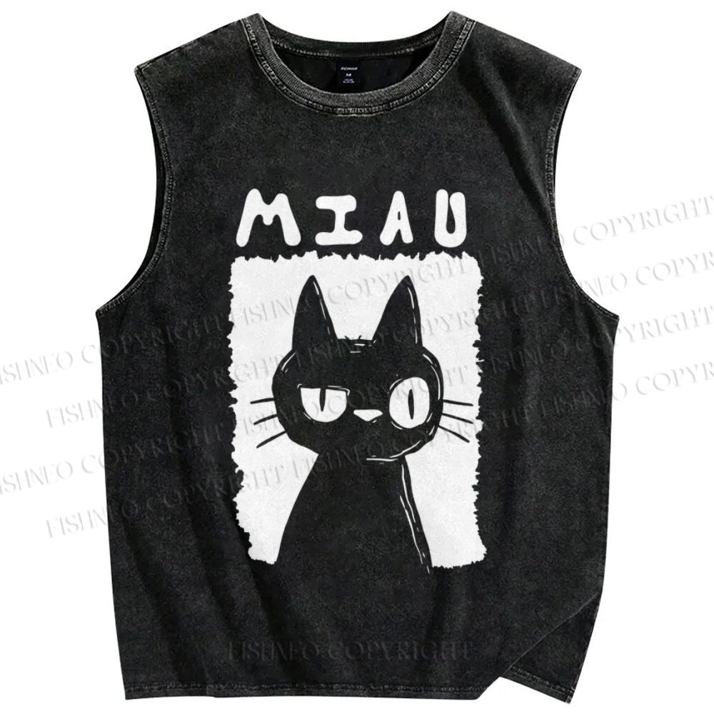 Unisex Cat Printed Washed Tank Top