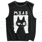 Unisex Cat Printed Washed Tank Top