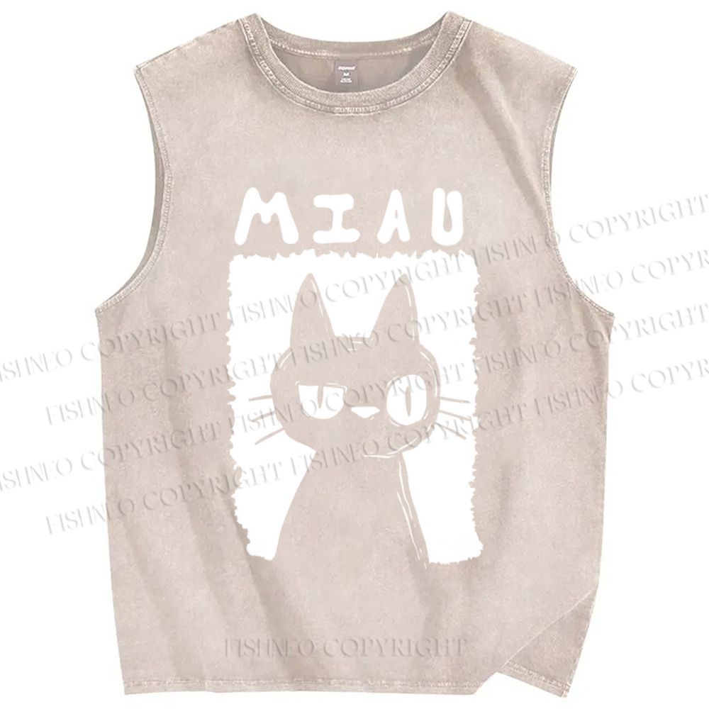 Unisex Cat Printed Washed Tank Top