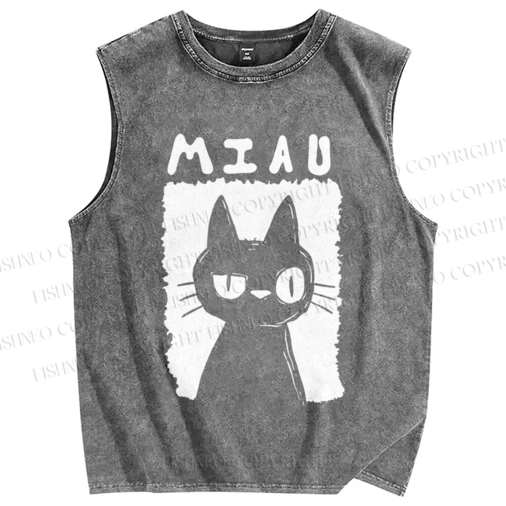Unisex Cat Printed Washed Tank Top