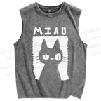 Unisex Cat Printed Washed Tank Top