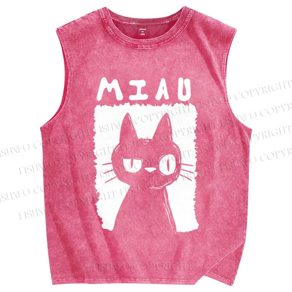 Unisex Cat Printed Washed Tank Top
