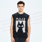 Unisex Cat Printed Washed Tank Top