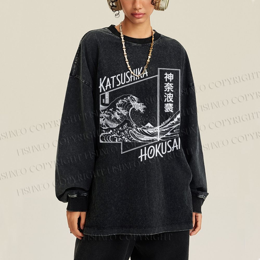 Unisex Casual Washed Kanaha Surf Printed Long Sleeve T-shirt