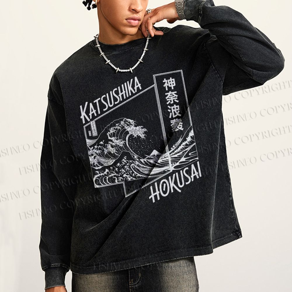 Unisex Casual Washed Kanaha Surf Printed Long Sleeve T-shirt