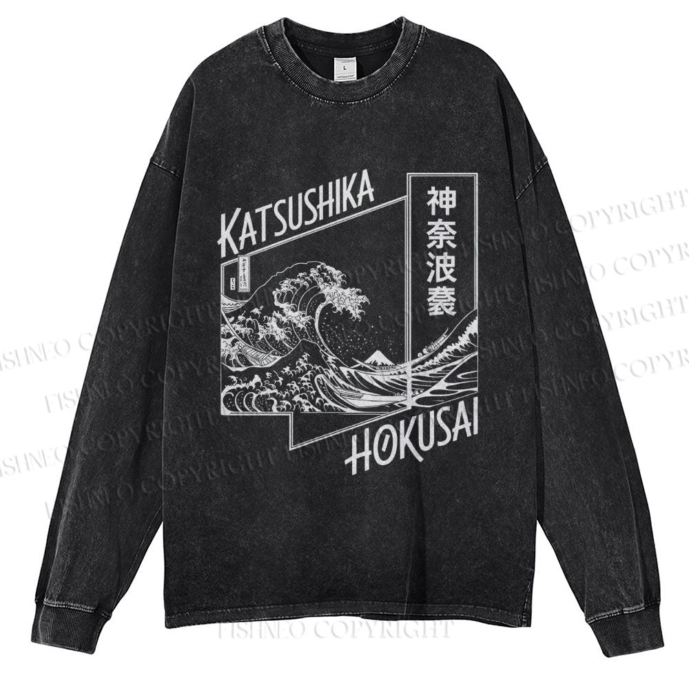 Unisex Casual Washed Kanaha Surf Printed Long Sleeve T-shirt