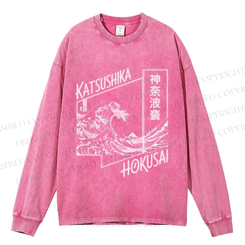 Unisex Casual Washed Kanaha Surf Printed Long Sleeve T-shirt