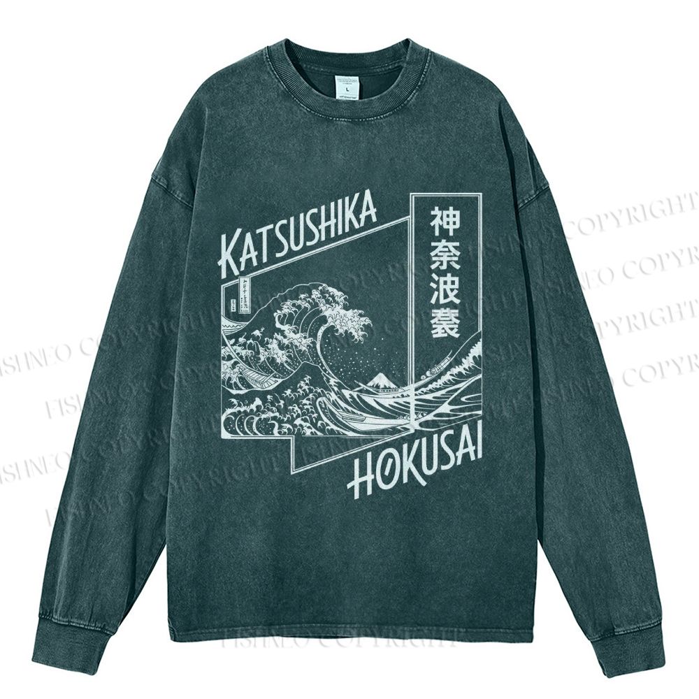 Unisex Casual Washed Kanaha Surf Printed Long Sleeve T-shirt