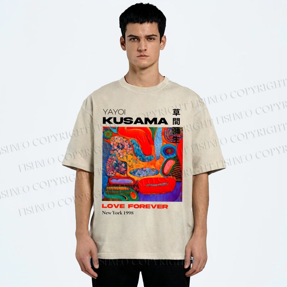 Unisex Yayoi Kusama Art Portraits Printed Washed Tee