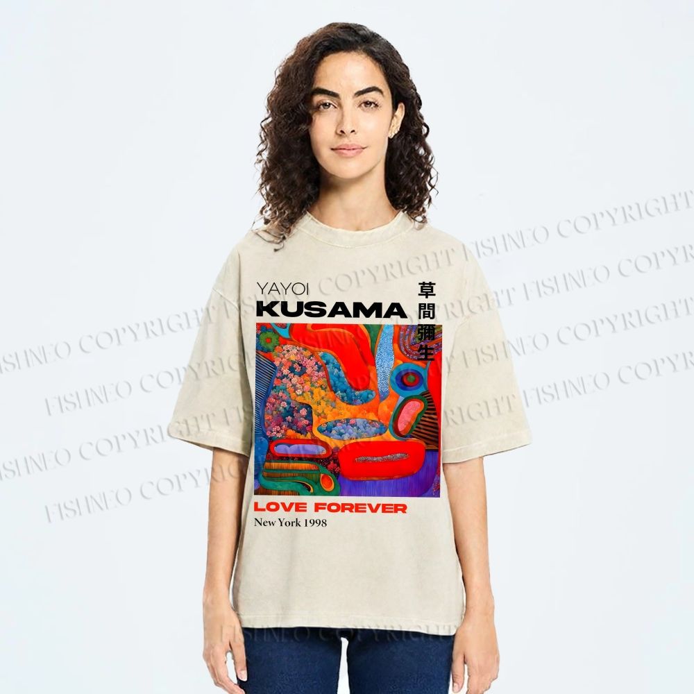 Unisex Yayoi Kusama Art Portraits Printed Washed Tee