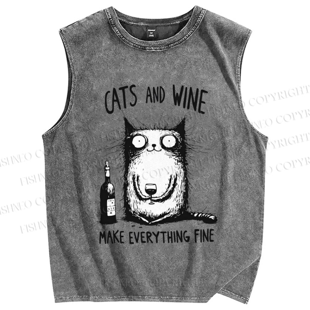 Unisex Cat And Wine Printed Washed Tank Top