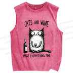 Unisex Cat And Wine Printed Washed Tank Top