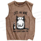 Unisex Cat And Wine Printed Washed Tank Top