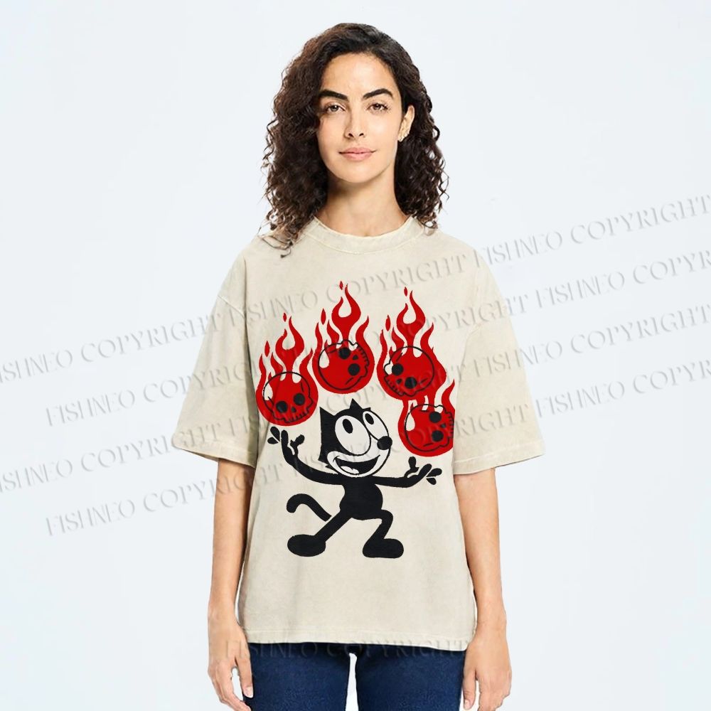 Unisex Black Cat Printed Washed Tee
