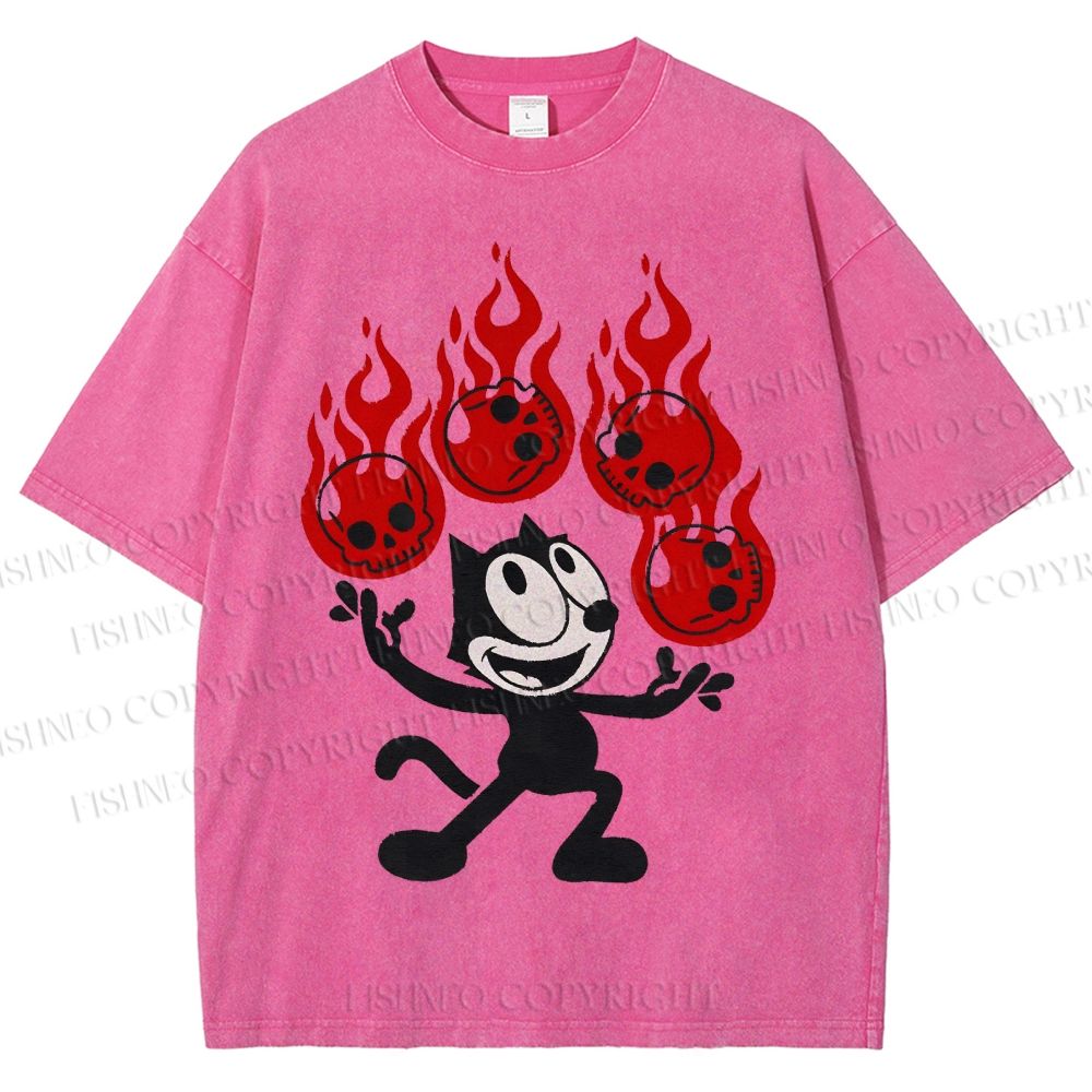 Unisex Black Cat Printed Washed Tee