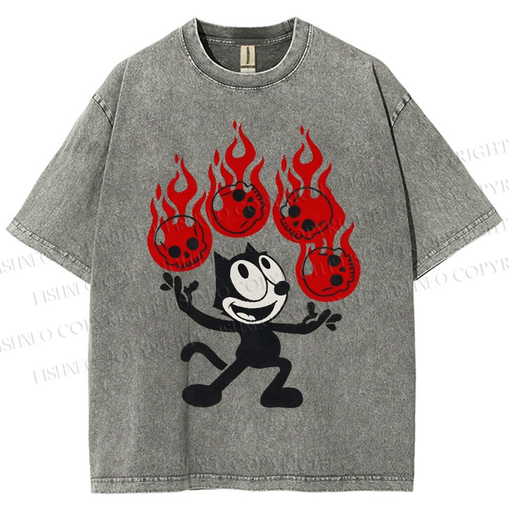 Unisex Black Cat Printed Washed Tee