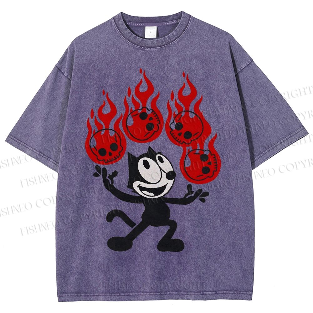 Unisex Black Cat Printed Washed Tee