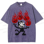 Unisex Black Cat Printed Washed Tee
