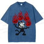 Unisex Black Cat Printed Washed Tee