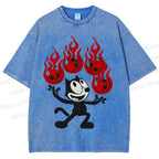 Unisex Black Cat Printed Washed Tee