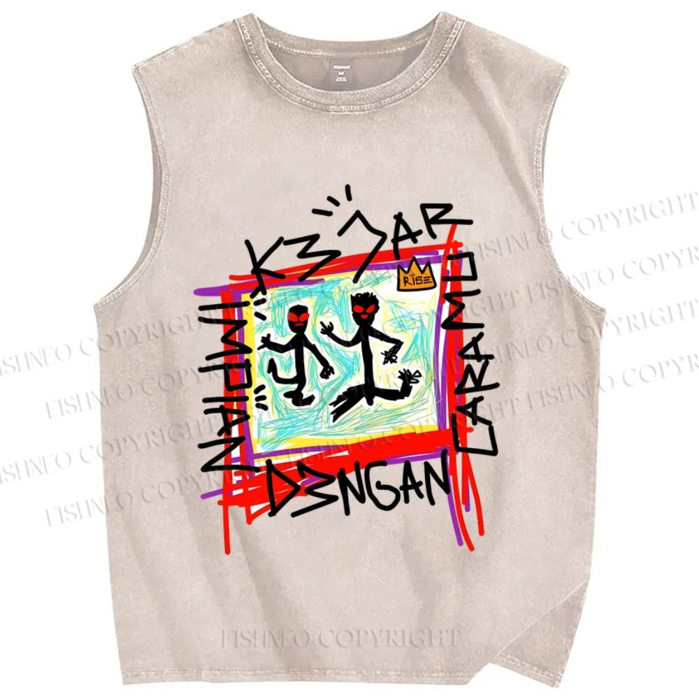 Unisex Abstract Art Portraits Printed Washed Tank Top