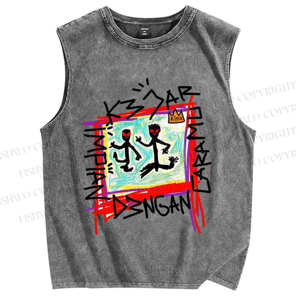 Unisex Abstract Art Portraits Printed Washed Tank Top