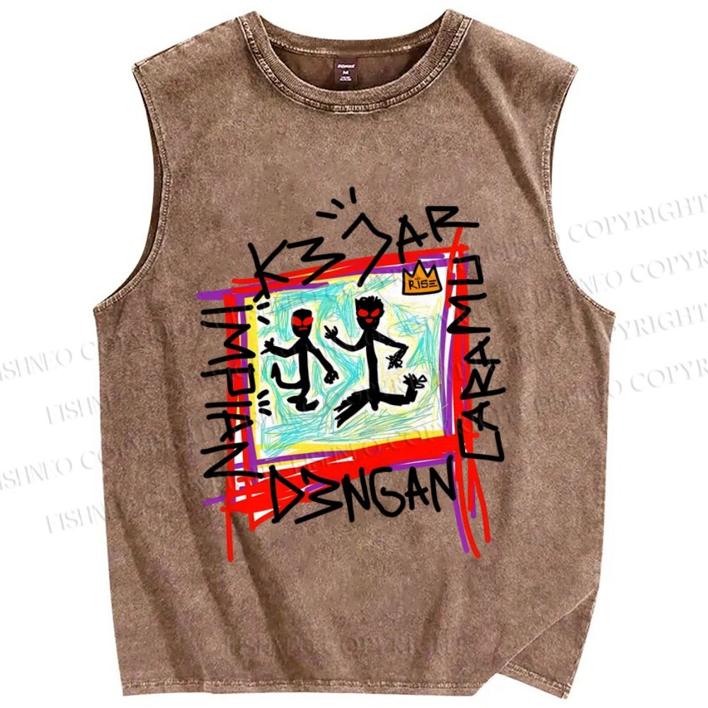 Unisex Abstract Art Portraits Printed Washed Tank Top