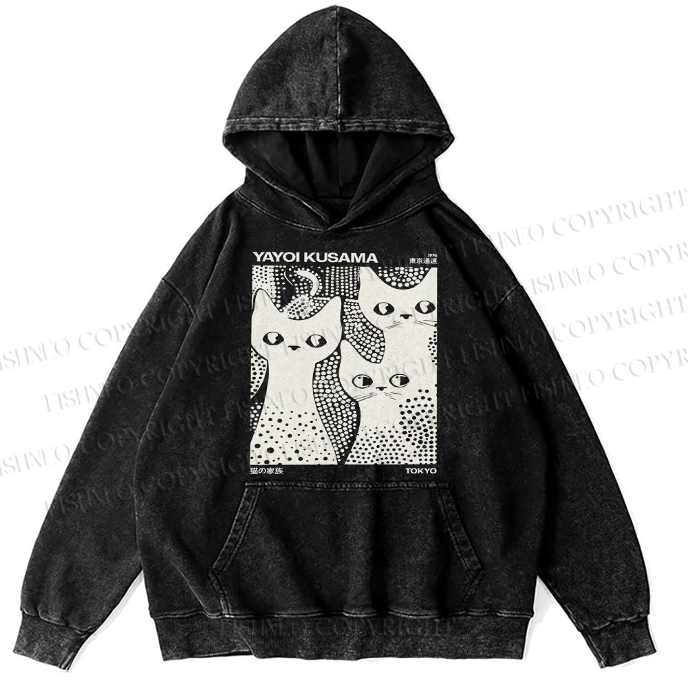 Unisex Casual Japanese Yayoi Kusama Black Cat Printed Washed Hoodie