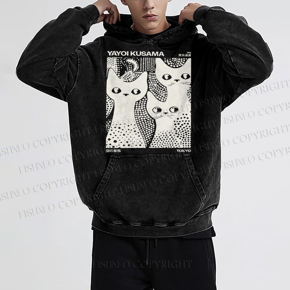 Unisex Casual Japanese Yayoi Kusama Black Cat Printed Washed Hoodie